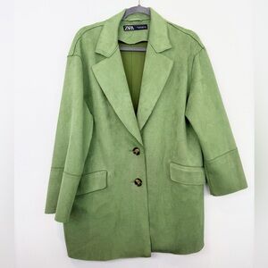 Zara Faux Suede Green Oversized Blazer Jacket Button Size Medium